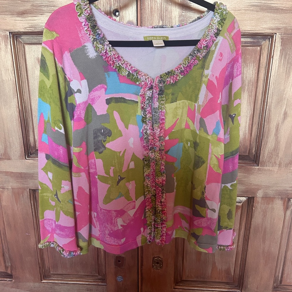 Sigrid Olsen Pink and Green Ruffle Sweater